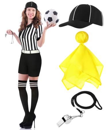 Didaey 5 Pcs Women Referee Costume Set, Referee Romper Jumpsuits with Belt Hat Whistle Long Socks Yellow Penalty Flags Small