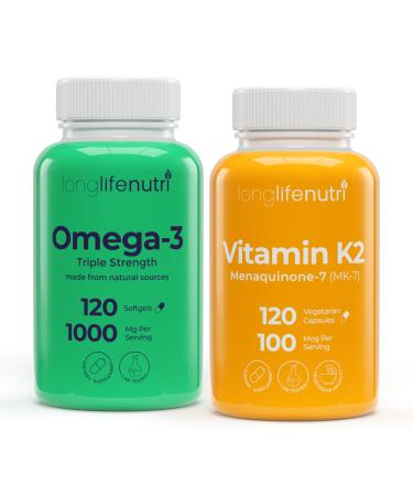 LongLifeNutri Omega-3 Fish Oil 1000 mg & Vitamin K2 MK-7 100 mcg Bundle 120 Softgels + 120 Veg Capsules 4 Month Supply High EPA/DHA Omegas & Bone Support Non-GMO GMP Certified Made in USA