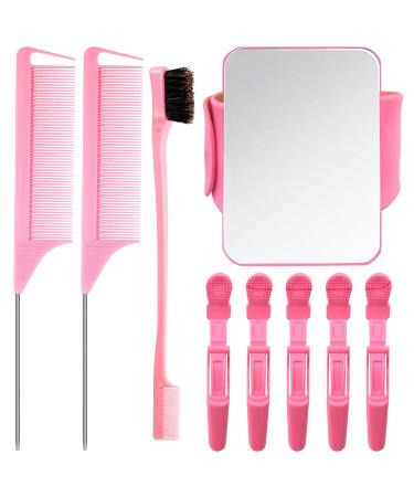 9 Pcs Hair Braiding Tools -2 Pieces Rat Tail Comb Parting Comb for Braiding 1Dual Edge Brush and Magnetic Wrist Sewing Pincushion Wristband Pin Cushion Holder with 5 Alligator Hair Clip (Pink)