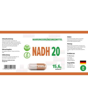 NADH 20mg 60 Vegetable Capsules Tested by a Third Party Laboratory Gluten Free and GMO Free - Buy Online on GoSupps.com