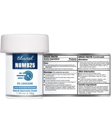 Ebanel 5% Lidocaine Topical Numbing Cream 1.35 oz - Pain Relief with Aloe Vera & Vitamin E - Child Resistant Cap - 1.35 Ounce Pack - Buy Online on GoSupps.com