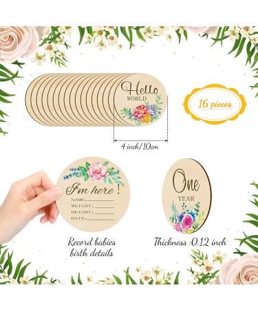 16-Piece Floral Wooden Baby Monthly Milestone Cards - Double-Sided Baby Months Signs for Newborn Photo Props - Fresh Flowers Design - Buy Online on GoSupps.com