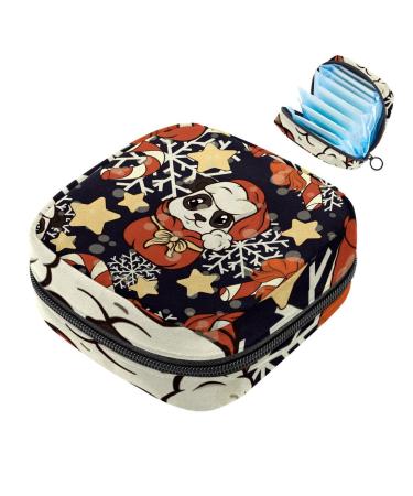 Menstruation pad bag with zipper women's napkin bag tampons collection bags for women and girls (cute cartoon-panda Christmas mas hat)