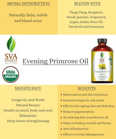 SVA Organics Evening Primrose Oil 4 oz - 100% Pure Therapeutic Grade for Skin, Face, and Hair - Wrinkle-Free Formula - Buy Online on GoSupps.com