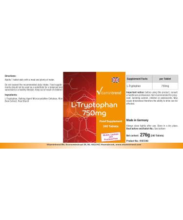  Vitamintrend L-Tryptophan 750mg - 240 tablets - vegan - high dosage | Vitamintrend  - Buy Online on GoSupps.com