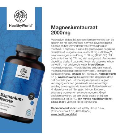 Be Healthy Group doo Magnesium Taurate 2000mg 120 Vegetable Capsules Magnesium + Taurine High Concentration Support for Muscles and Nervous System Easily Digestible - Buy Online on GoSupps.com