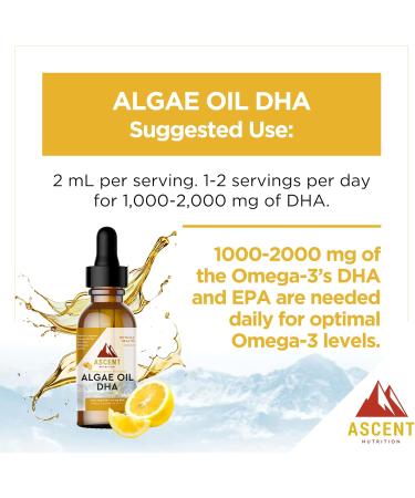 Ascent Nutrition Algae Oil DHA Omega-3's | Vegan and Vegetarian | 1000 mg DHA and 10 mg EPA | Organic Lemon Flavor | 60ml - Buy Online on GoSupps.com