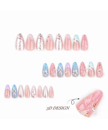 BABALAL 24Pcs Almond Press on Nails - Medium 3D Silver Chrome Flower Butterfly Design | Handmade Coquette Stiletto Glue-ons - Premium Acrylic Manicure ANa101 - Buy Online on GoSupps.com
