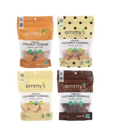 Emmy's Organic Coconut Cookies Variety Pack of 4 Flavors ( Peanut Butter, Vanilla Bean, Chocolate Chip, Dark Cacao ) 6 Ounce