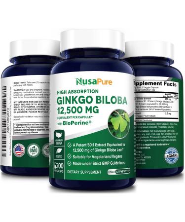 NusaPure Ginkgo Biloba Extract 12,500mg Per Veggie Caps 200 Capsules (Vegetarian,Non-GMO, Gluten Free & Extract 50:1). Bioperine