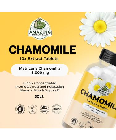 Amazing Botanicals Organic Chamomile Extract Tablets - Matricaria Chamomilla Plant-Based Supplement - 10x Extract 2000 MG Each - Promotes Relaxation - 30 Tablets - Buy Online on GoSupps.com
