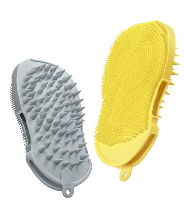 HEETA 2 Pack Silicone Body Scrubber and Hair Shampoo Brush 2 in 1 Upgrade Scalp Massager Exfoliating Brush for Skin and Scalp Care - Silicone Loofah with Gentle Massage Nodes (Gray & Yellow) Grey&yellow