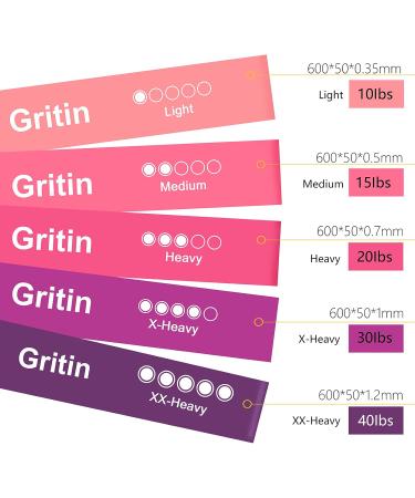 Gritin Fitness Straps 5 Set | Resistance Bands with 5 Levels | 100% Latex Exercise Bands | Includes German Instructions & Carry Bags | Ideal for Muscle Building Yoga & Gymnastics - Lila & Pink - Buy Online on GoSupps.com