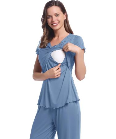 Maternity Pyjama Set XL | Short Sleeve Tops & Long Pants | Summer Cool & Moisture Wicking | Pregnancy & Nursing Sleepwear in Dusty Blue - Buy Online on GoSupps.com