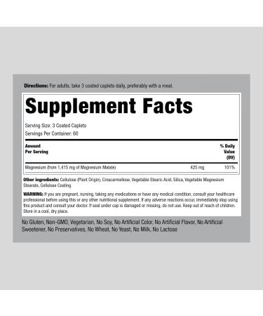 Magnesium Malate 1415mg Caplets - 180 Count | Vegetarian Non-GMO Gluten Free Supplement - Buy Online on GoSupps.com
