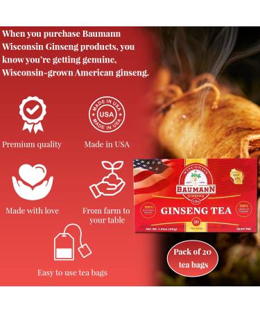 Baumann Premium American Ginseng Tea Bags (20 Count) | Wisconsin Grown Panax Ginseng Herbal Tea for Focus & Energy - Buy Online on GoSupps.com
