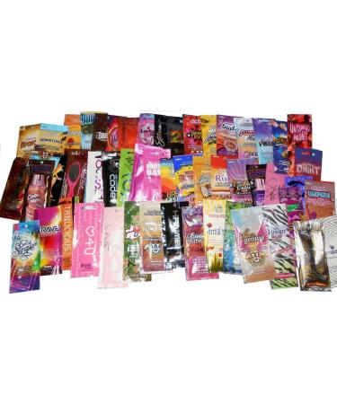50 NEW ASSORTED INDOOR TANNING BED LOTION PACKETS SAMPLES PACKETTES