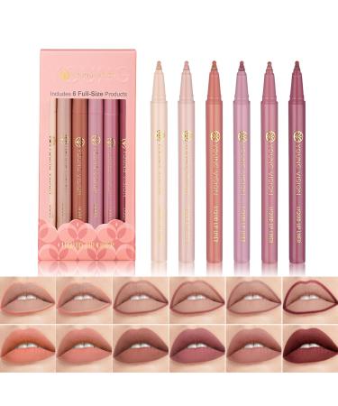 6PCS Liquid Lipstick & Lip Liner Set 2-in-1 Nude Matte Shades Lip Liner Pencil For Sculpting & Filling Long-lasting Intense Colour Non-Stick Women's Make-up Set (#B)