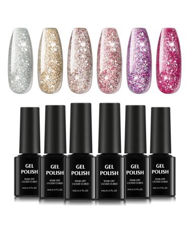 TOMICCA Glitter Gel Nail Polish Set of 6 Pcs Purple Red Gold Pink Silver Rose Sparkle Colors Nail Gel Polish Soak Off UV LED Glitter Nail Gel Varnish Home Manicure Kit G -Glitter Gel Nail Polish Set