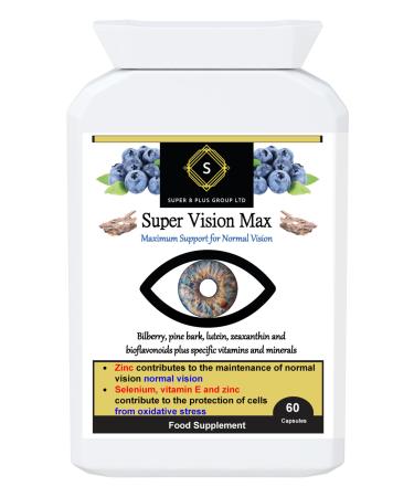 Super Vision Max Eye Health Normal Vision Lutein Zeaxanthin Bioflavonoids Bilberry Pine Bark Vegan Natural Supplement 60 Capsules Super B Plus Group Ltd