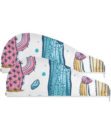 Hand Drawn Cactus Hair Towel 2 Pack | Super Absorbent Quick Dry Hair Turbans for Women & Girls - Buy Online on GoSupps.com