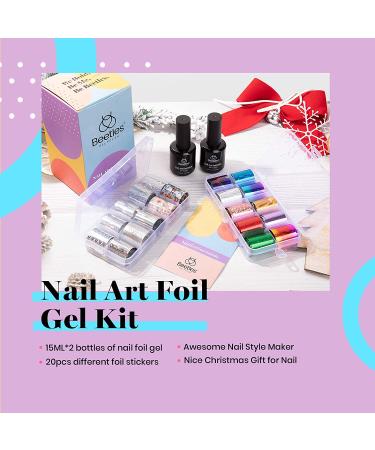 Beetles Nail Foil Glue Kit - 15ML 2 Bottles Transfer Gel with 20PCS Holographic Flower Stickers - Nail Foil Transfer Set for Manicure Art - LED Lamp Required - Soak Off Formula - Buy Online on GoSupps.com