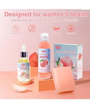 3 PCS Feminine Wash Set - Yoni Oil & Yoni Bar Soap | Natural pH Balance Intimate Deodorant | Moisturizing Body Wash Peach Scent - Buy Online on GoSupps.com