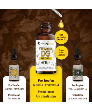 Pharmavital Vitamin D3 Drops 5000 IU - 50ml High-Quality Immune Support Vegetarian Liquid for Bones & Muscles - Laboratory Tested 1830 Drops - Buy Online on GoSupps.com