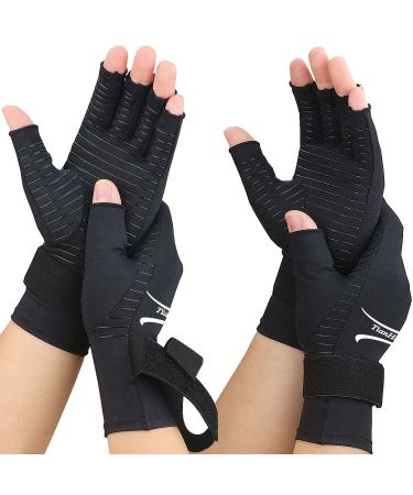 2 Pairs Copper Arthritis Gloves for Women Men, Fingerless Compression Gloves with Adjustable Wrist Strap, Typing Gloves for Arthritis, Carpal Tunnel, Tendonitis, RSI, Relieve Hand Pain (Small/Medium)