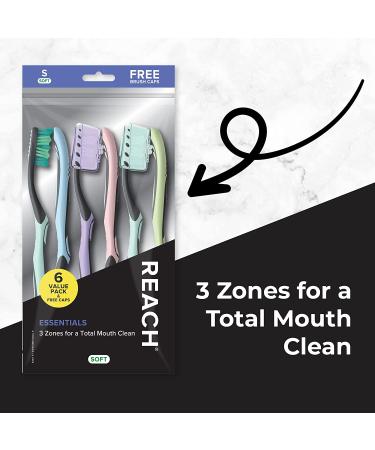REACH Essentials Toothbrush with Caps, Multi-Zoned Angled Soft Bristles, Contoured Handle & Tongue Scraper - 6 Count - Buy Online on GoSupps.com