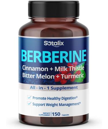 SOTALIX SUPPLEMENT Premium Berberine 19 370mg Plus Ceylon Cinnamon Bitter Melon Milk Thistle - Supports Immune System Heart & Gastrointestinal Wellness - 150-day Supply (150 Count (Pack of 1))