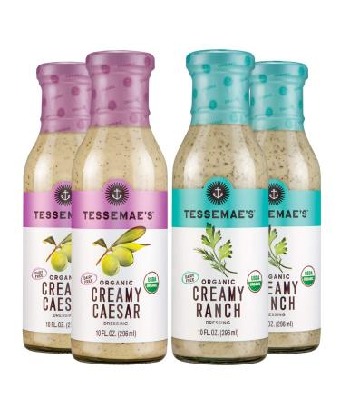 Tessemae's Organic Creamy Salad Dressing Variety Pack - Creamy Ranch, Creamy Caesar - 10 oz. bottles (4-Pack, 2 Each)