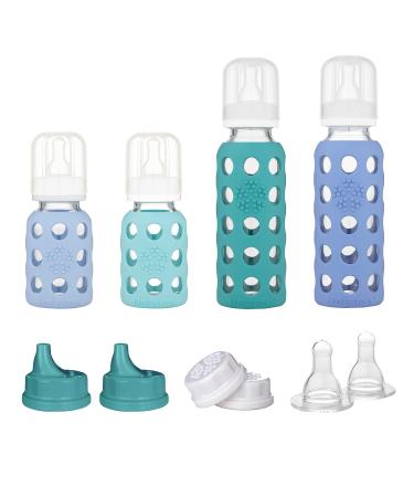 Lifefactory 4 Starter Baby Bottle Set in Mint/Blanket & in Kale/Blueberry Flat & Sippy Caps Stage 2 Nipples 10 Count 10 Count (Pack of 1) Mint/Blanket