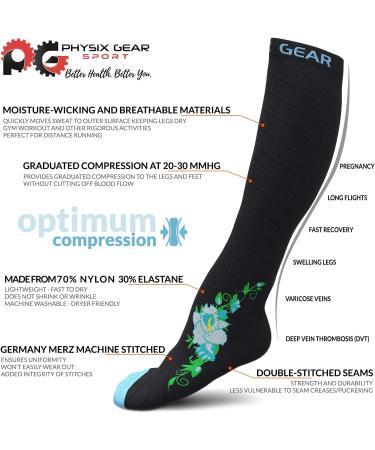 Physix Gear Compression Socks for Men & Women | 20-30 mmhg Graduated Athletic Fit | Ideal for Running, Nurses, Shin Splints | L-XL Black - Blue Flower - Buy Online on GoSupps.com
