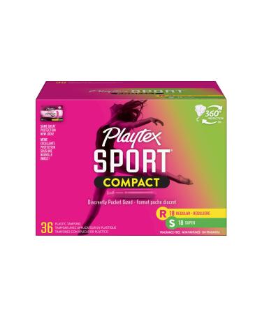 Playtex Sport Compact Tampons, Multipack Regular and Super Absorbency, 36 Count (Pack of 1)