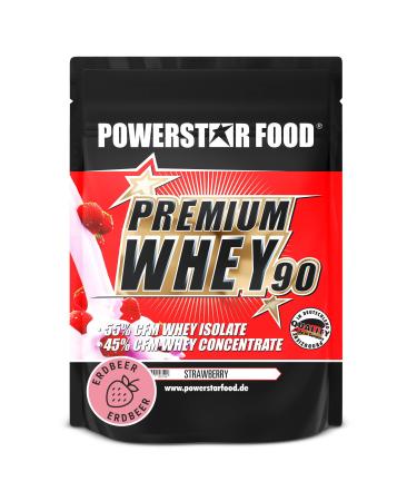 Powerstar Premium Whey 90 |90% protein i.str.|Whey protein powder 850 g |Made in Germany |55% CFM Whey Isolate & 45% CFM concentrate |Protein powder with only 1% carbohydrates |Strawberry strawberry 850 g (1 Pack)