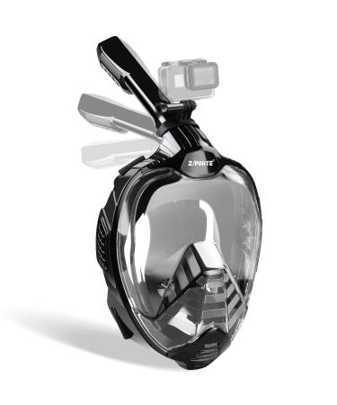 ZIPOUTE Snorkel Mask Full Face Full Face Snorkel Mask Adult and Kids with Detachable Camera Mount Snorkeling Mask 180 Panoramic View Anti-Fog Anti-Leak Dry Top Set with Adjustable Straps Black Large-X-Large