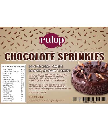 Rulop Chocolate Sprinkles 200g Dairy Free Resealable Chocolate Strands Perfect for Topping Cakes and Ice Cream - Buy Online on GoSupps.com