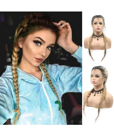Xiweiya art hair wig blonde with brown braided braids network on the front with baby hair heat-resistant fiber in the middle part 56 cm (22 inches) - Buy Online on GoSupps.com
