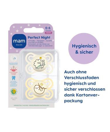 Mam Perfect Night Pacifier Set (2 Pack) - Glow in the Dark Eco-Friendly Tooth-Friendly Baby Pacifiers for 0-6 Months Includes Pacifier Box - Sheep/Sloth Design - Buy Online on GoSupps.com