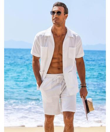 COOFANDY Men's Guayabera Shirt Set - Linen Short Sleeve Button Down Outfit, White, XL - Buy Online on GoSupps.com