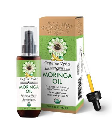 Organic Veda Moringa Oil   USDA Organic Cold-Pressed Edible Grade Virgin Oil Made with Organic Premium Moringa Seed Kernels for Face  Skin  Hair  Nails  Foot  and Body - 3.4 fl. oz Veda Moringa Oil 3.4 Fl Oz (Pack of 1)