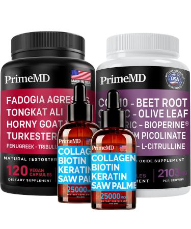 Liquid Collagen Biotin (2pk) Fadogia Tongkat Ali (1pk) and Nitric Oxide (1pk) Supplement Bundle - Potent Vitamins for Hair Skin Nails Heart Energy & Testosterone Support - Non-GMO Vegan