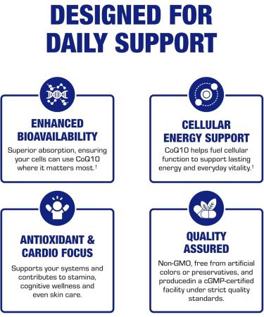 High Absorption CoQ10 Supplement - Clinical Formula Coenzyme Q10 60mg for Skin Heart Energy Antioxidant and Brain Support - Easy to Swallow - Made in The USA in cGMP Facilities - 60 Servings - Buy Online on GoSupps.com