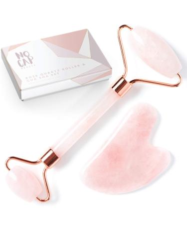 Jade Roller Rose Quartz Cosmetic Product   Eliminate Fine Lines & Wrinkles   Noiseless Use   Premium Quality Crystals   Double-Sided   Gua Sha Included   Reduce Muscle Tension