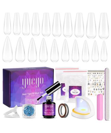 Yuego Coffin Nail Tips Glue Gel Kit, 3 in 1 Nail Gel with 500Pcs Long Fake Nails Tips with Glue, Come with LED UV Nail Lamp for Nail Polish Easy DIY Nail Extension Set Acrylic Nail Kit colorful