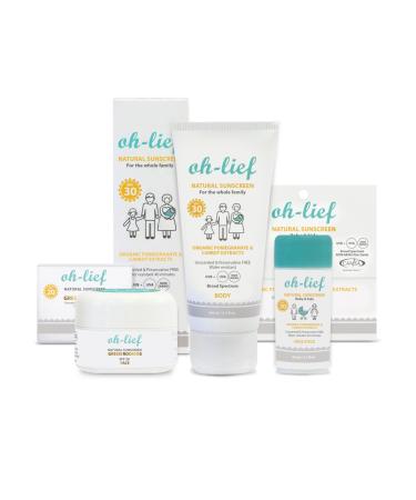 Oh-Lief Natural Family Sunscreen Range certified Natural & Organic Broad-spectrum protection UVA/UVB Chemical & Preservative free