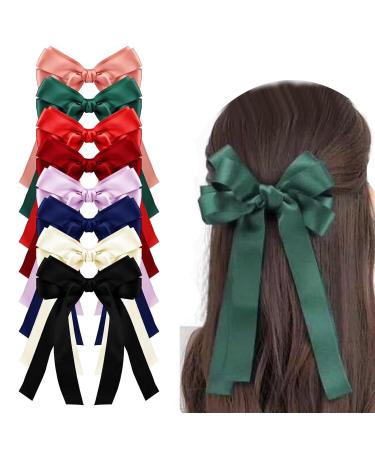 Paifeancodill Hair Bow Ribbon for Women Girls 8 Pcs Tassel Ribbon Bow Hair Clips Satin Hair Ribbon Clips Solid Metal Bowknot Barrettes with Long Tail Ponytail Holder Hair Bows Clips Hair Barrettes(2) Style 2