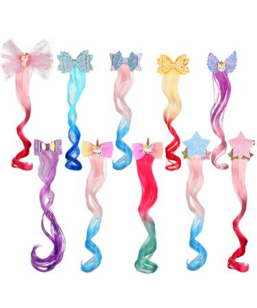 10 Pieces Colored Curly Hair Extensions with Bow Clips 12.6 Inch Braided Curly Wig Hair Unicorn Bow Hair Clip for Girls Kid Toddler Women Princess Dress up Accessories (Vivid Style)