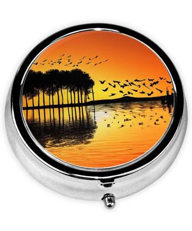 Lake Guitar Reflection Round Pill Box | 3 Compartment Mini Travel Organizer | Portable Decorative Pill Case for Vitamins & Medicine - Buy Online on GoSupps.com